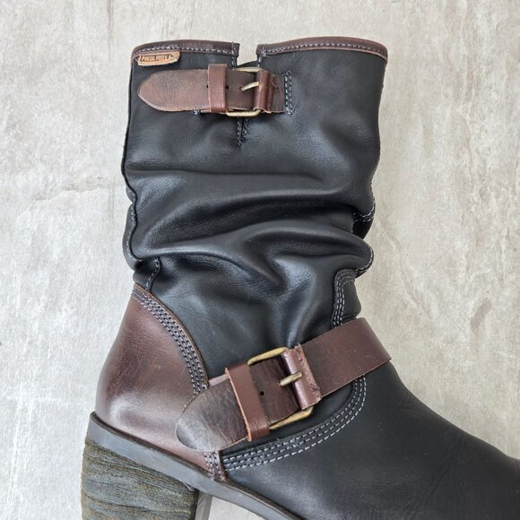 Pikolinos Moto Boots Womens 6.5-7 Black Leather Buckle Biker Block Heel Booties - Picture 12 of 14